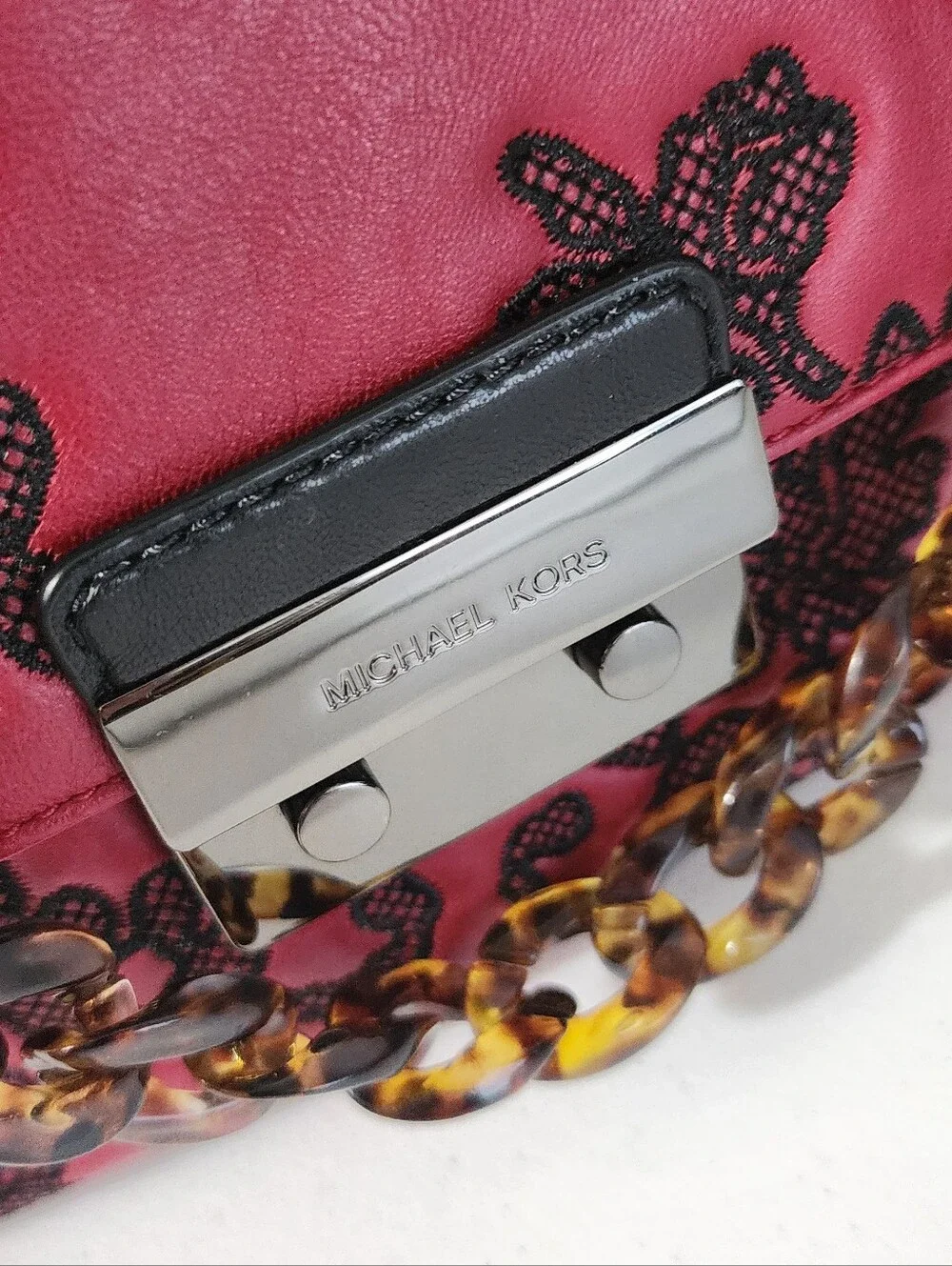Michael Kors Red Shoulder Bag with Black Lace Overlay & Chain Strap